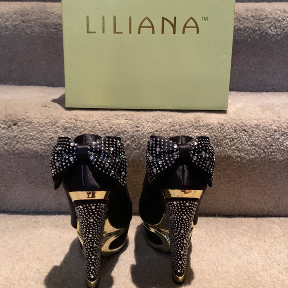 Sexy black rhinestone decor peep toe mirror trim wedges from Liliana. Size 6 1/2 - Picture 4 of 10